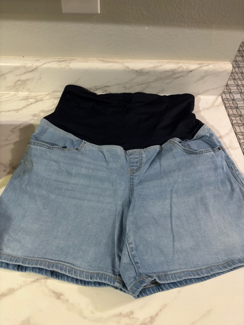 Maternity Denim Shorts with Navy Belly Panel